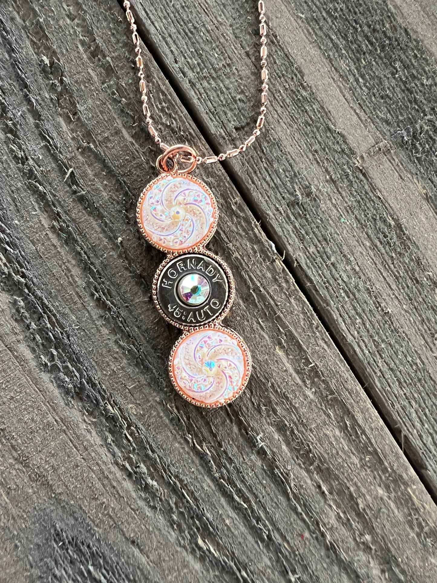 Triple 45 Auto Rose Gold White AB Sparkle Bullet Necklace