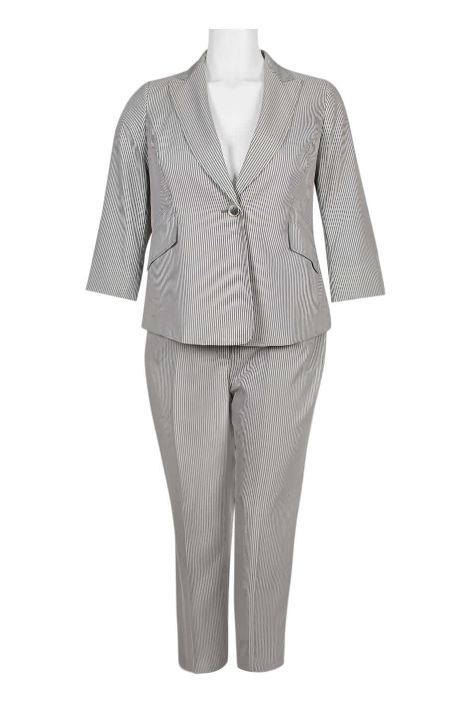 Evan Picone Notched Collar One Button 3/4 Sleeve Twill Pants Suit (Plus Size): BLACK WHITE / 22W