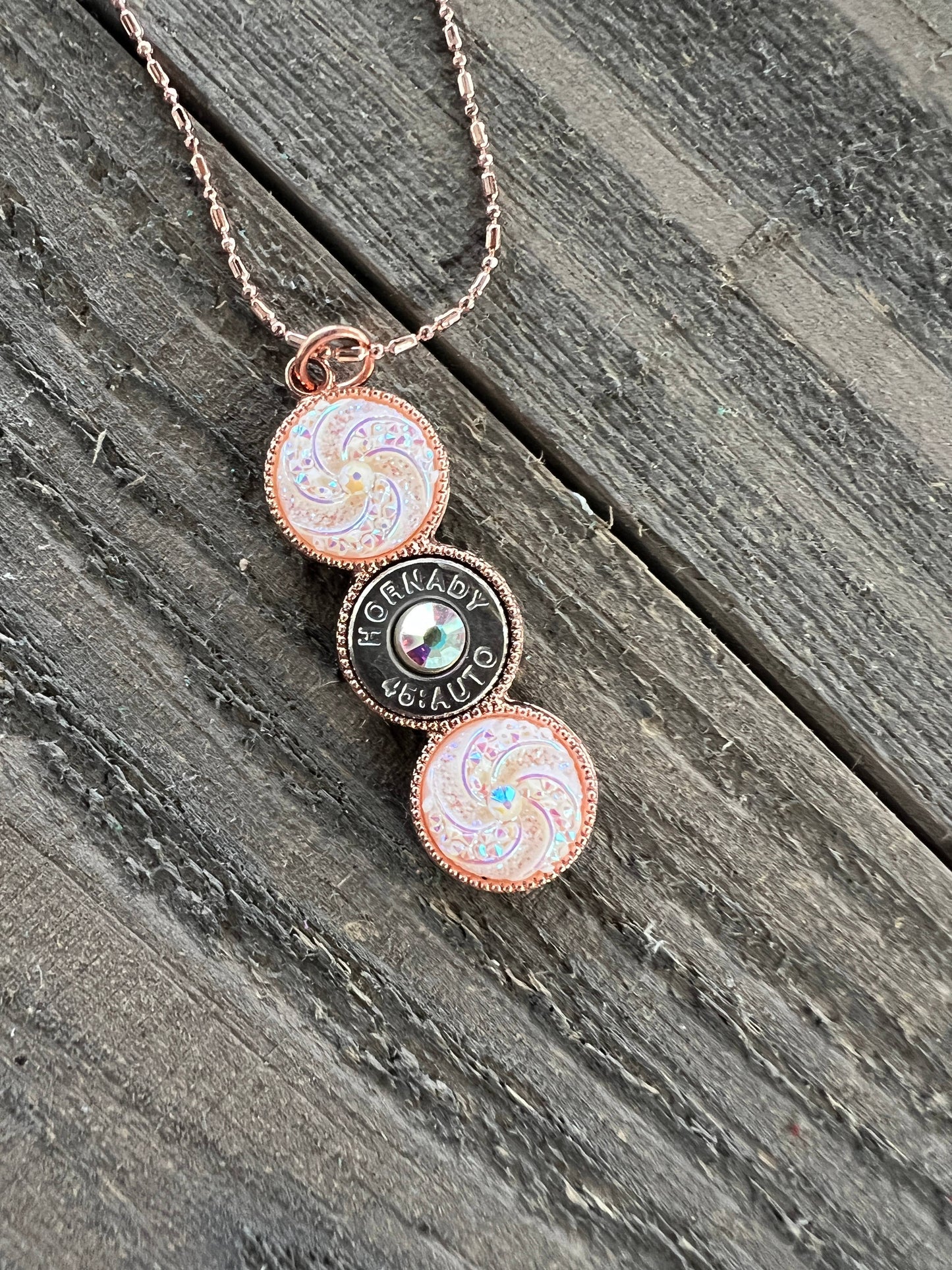 Triple 45 Auto Rose Gold White AB Sparkle Bullet Necklace