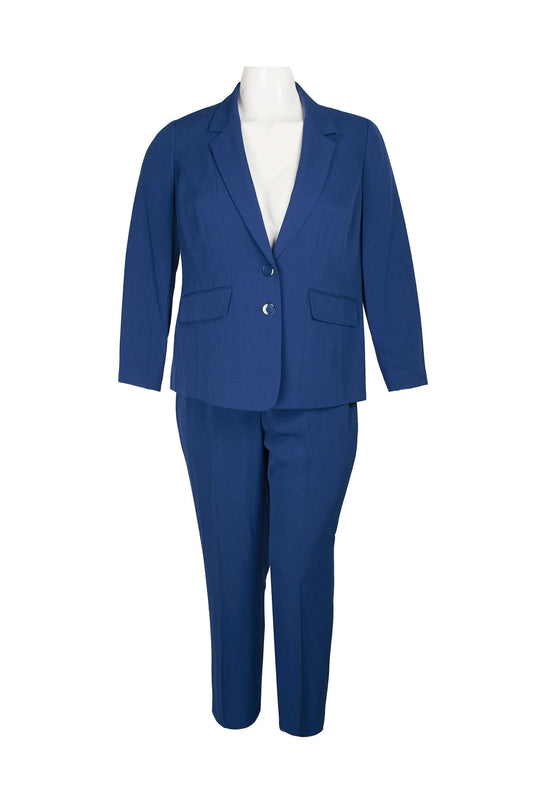 Le Suit Notched Collar Long Sleeve 2 Button Closure Solid Crepe Jacket with Mid Waist Elastic Back Solid Slim Pants (Plus Size): TWILIGHT BLUE / 22W