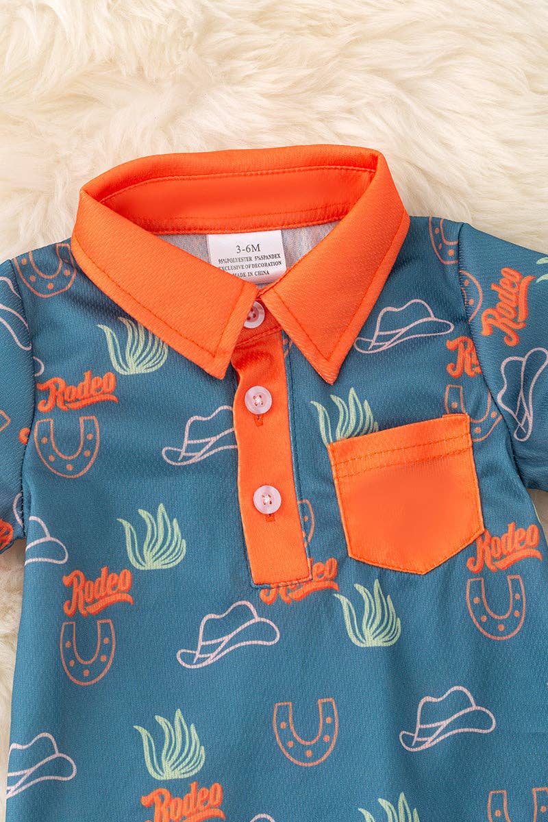 Rodeo blue and orange trim cactus printed baby romper.