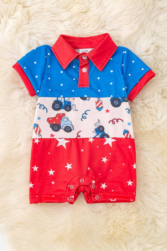 Multi-printed patriotic boys baby romper with snaps.