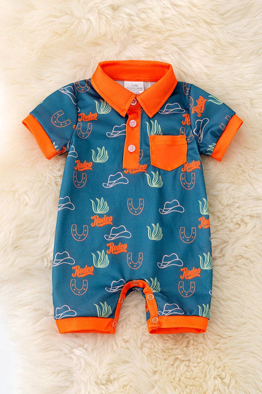Rodeo blue and orange trim cactus printed baby romper.