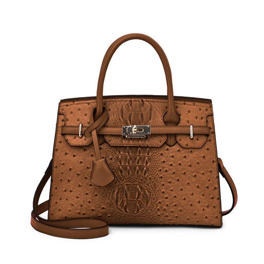 Virginia Ostrich Embossed Satchel: Cognac