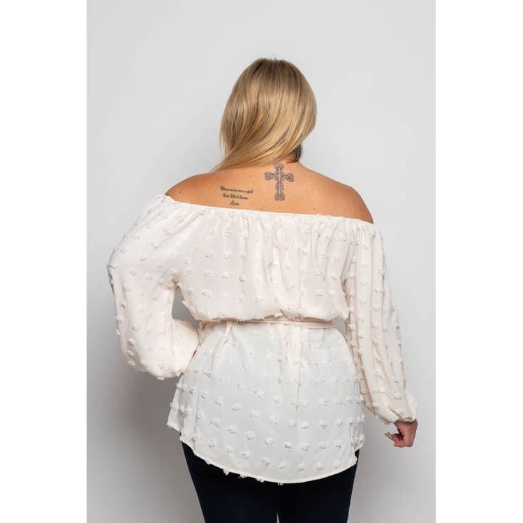 PLUS SIZE CHIFFON CLIP DOT OFF SHOULDER TIE WAIST BLOUSE