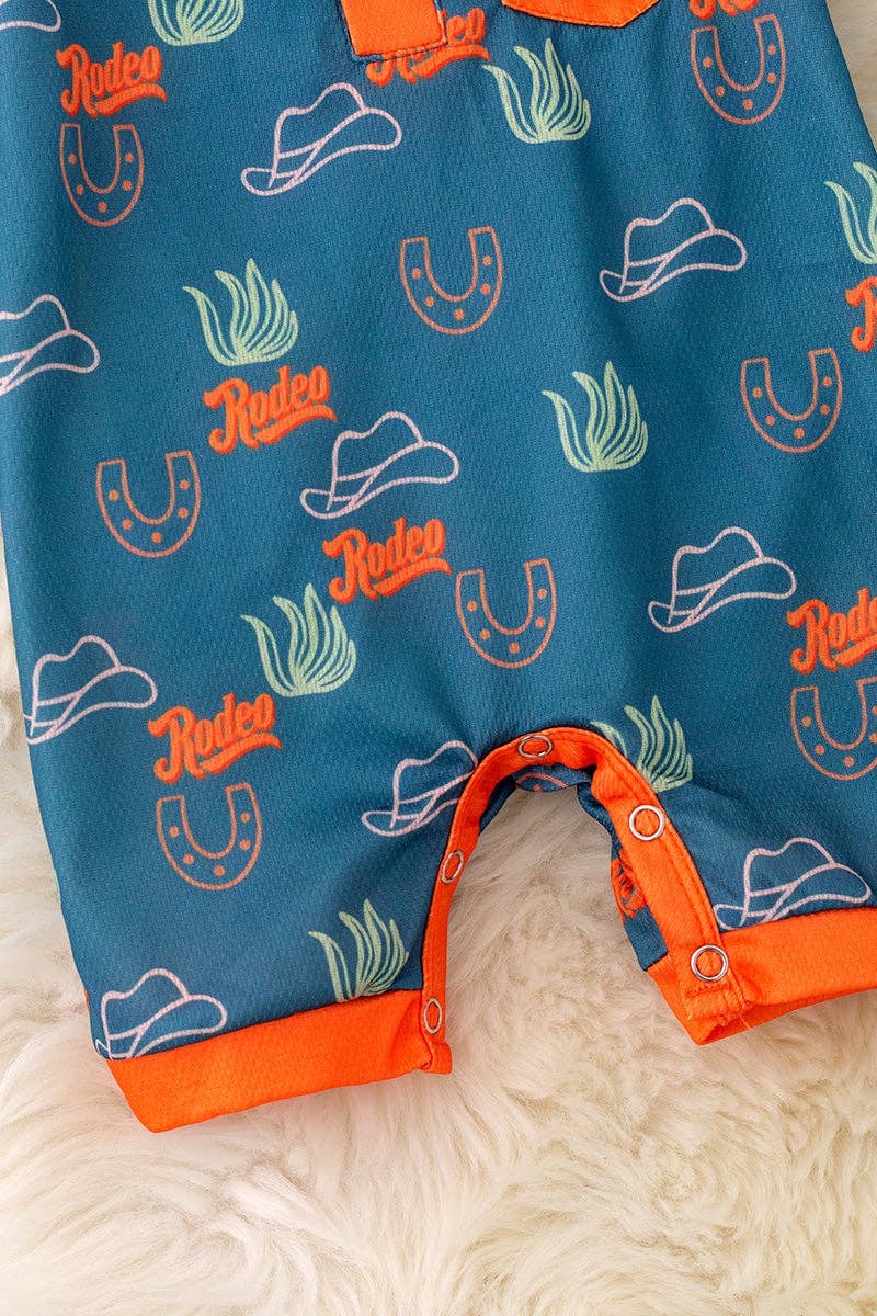 Rodeo blue and orange trim cactus printed baby romper.
